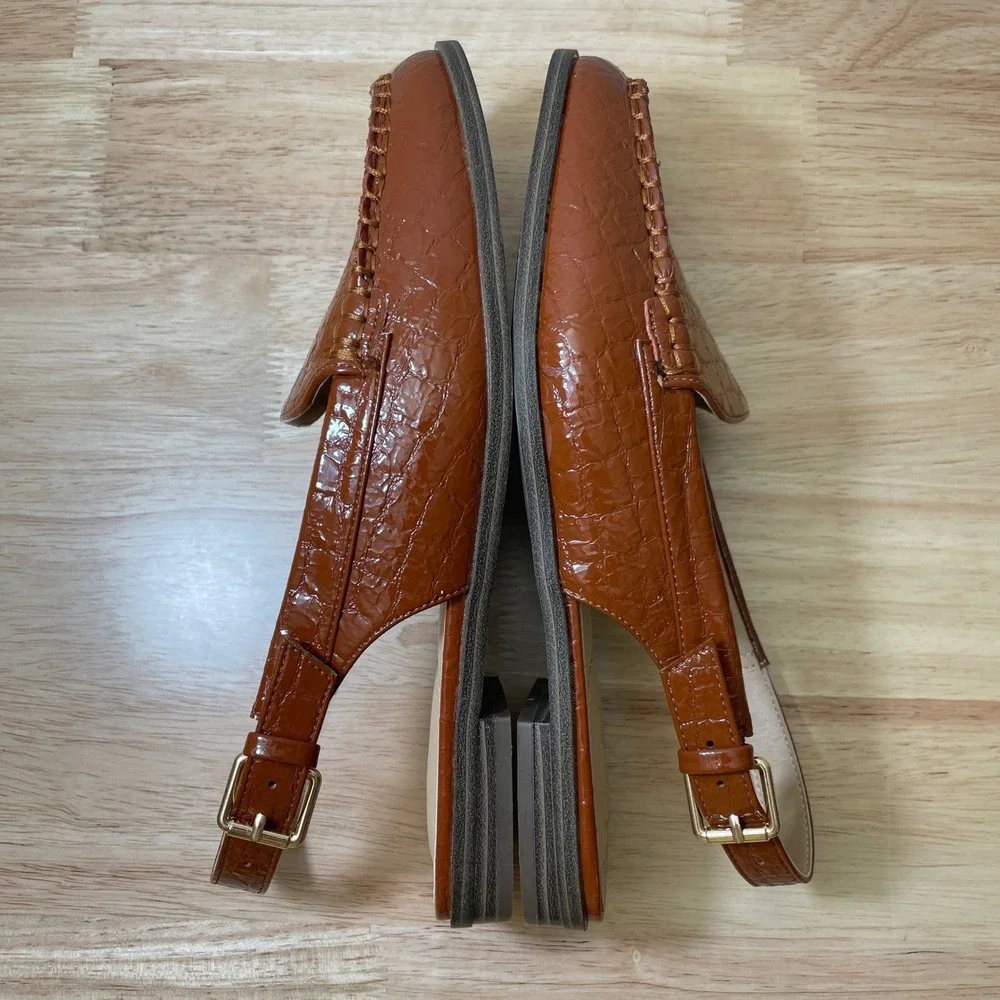 Comfort Est 1946 Womens 9W Cognac Brown Croc Embossed Slingback Loafers Flats